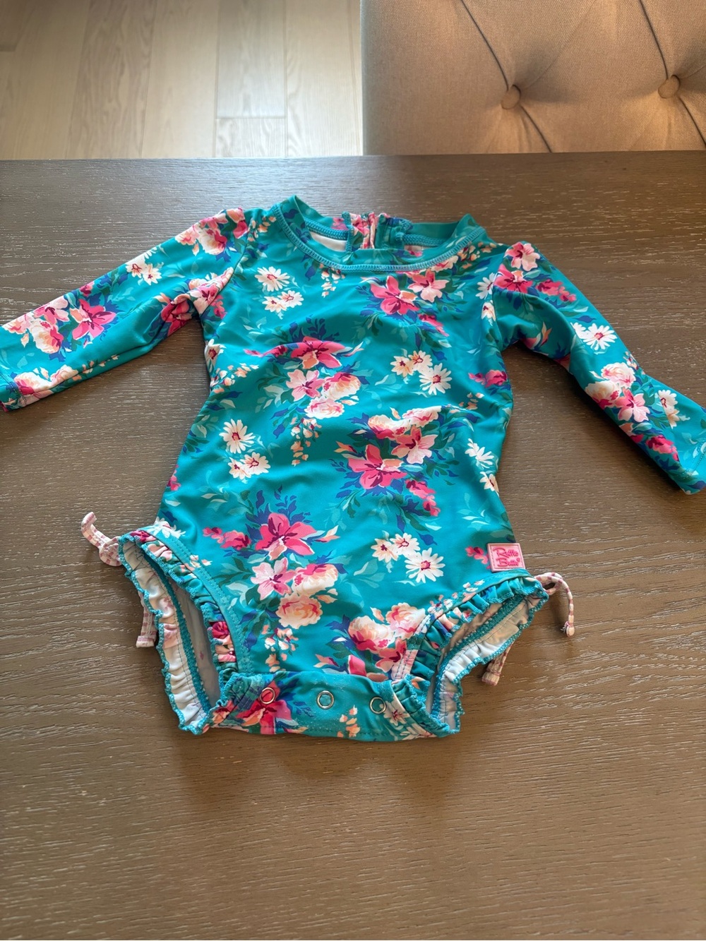 Infant Floral Long-Sleeve Rash Guard One-Piece Swimsuit - Teal Pink